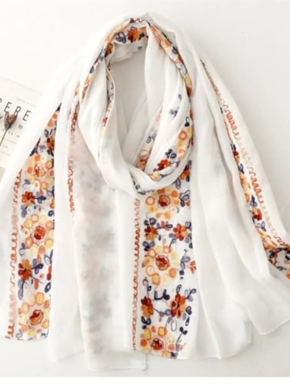 Ethnic Floral Embroidered Shawl Wrap Lightweight Sun Protection Beach Scarf